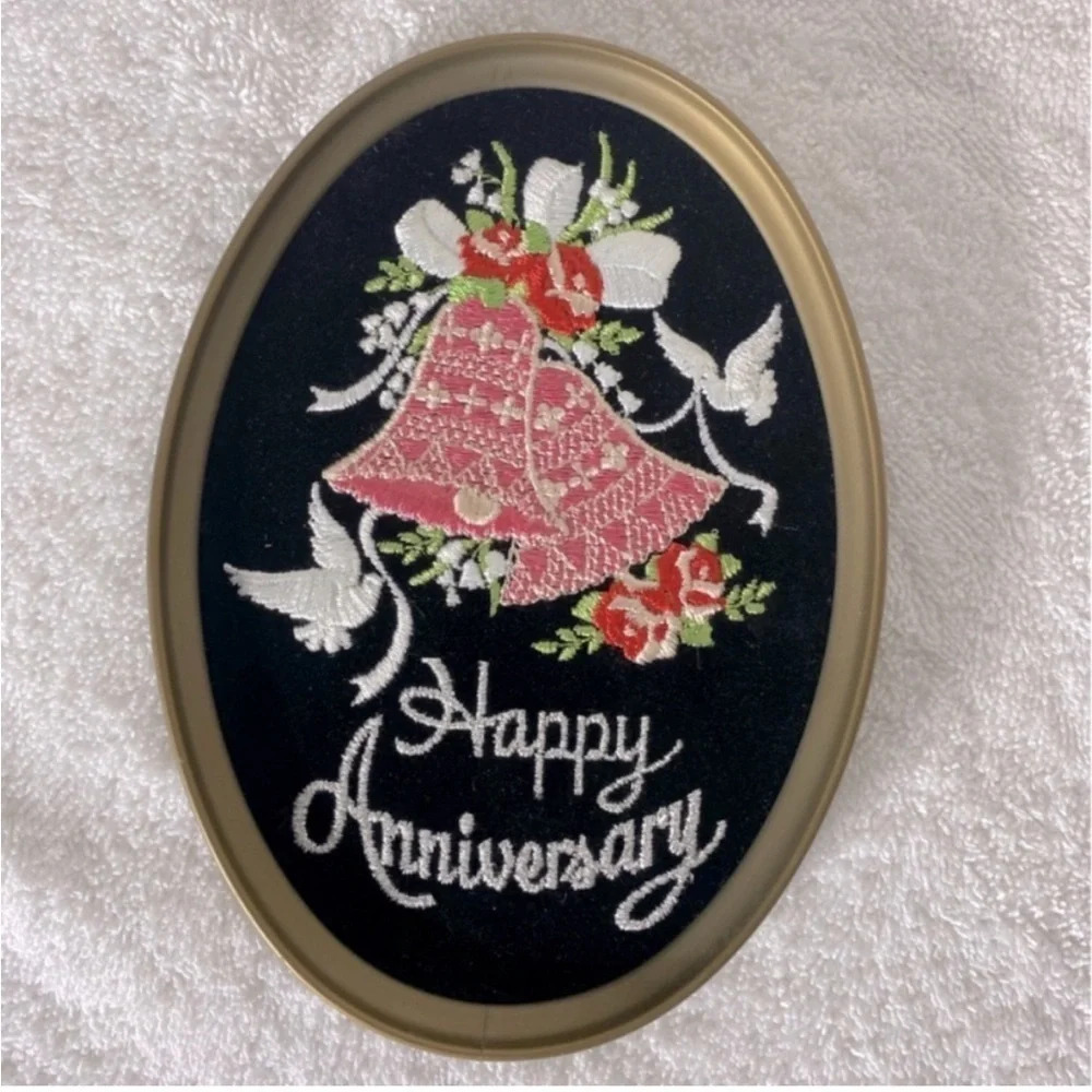 Vintage Ecstasy Giftware Black Velvet Embroidered Oval Framed Art Happy Anniver